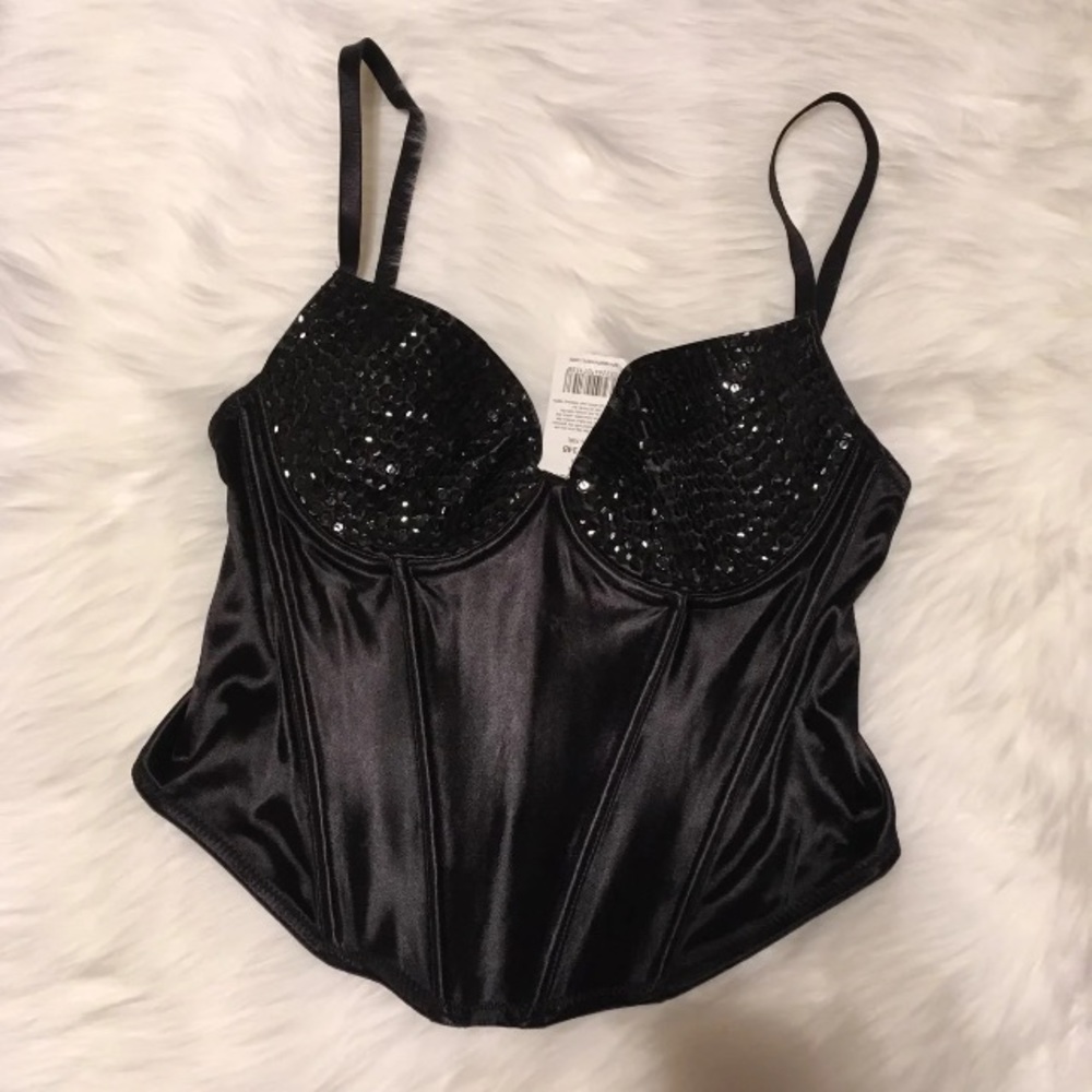 NWT Black Sequins Hook & Eye Bustier